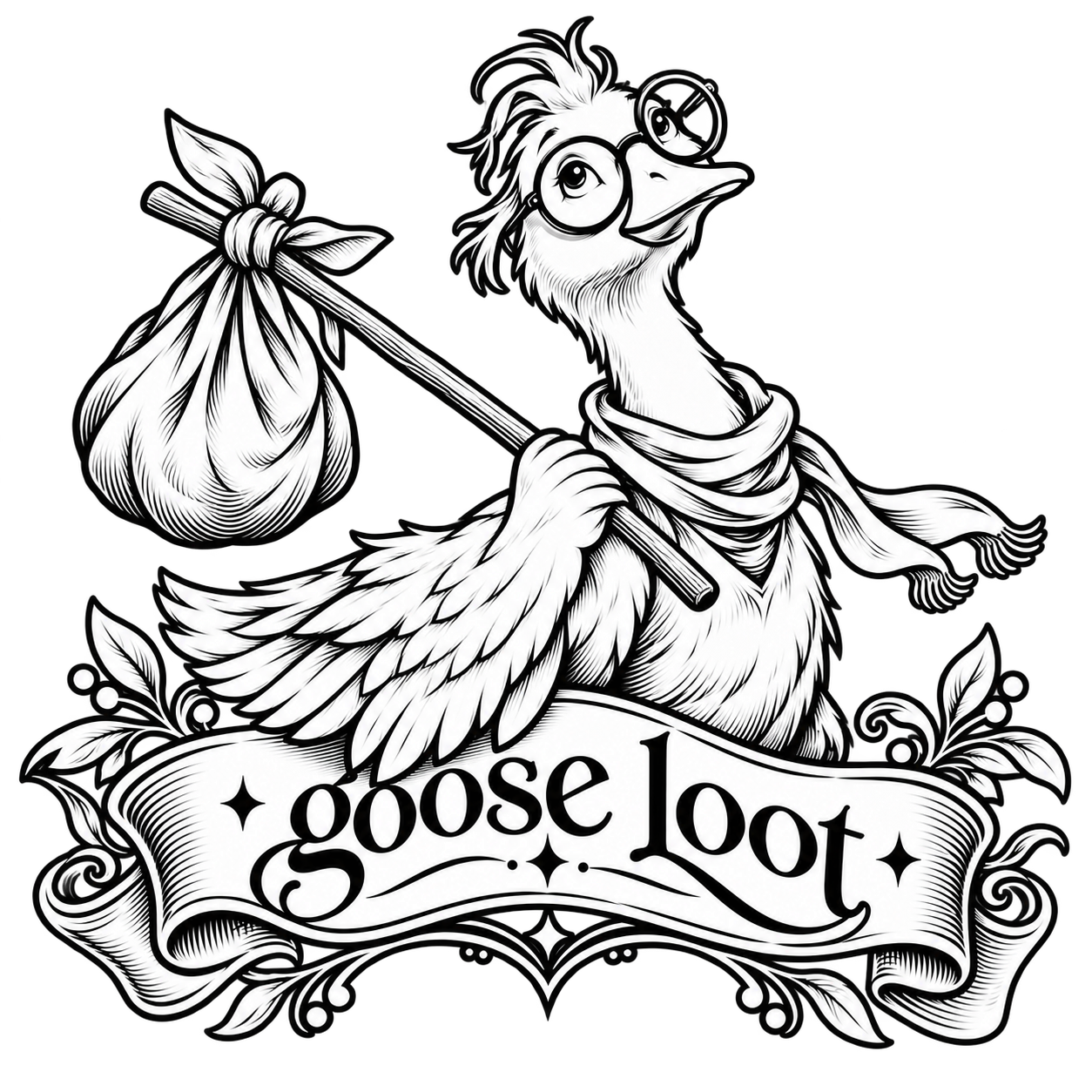 Goose Loot goose mascot with glasses and a bindle